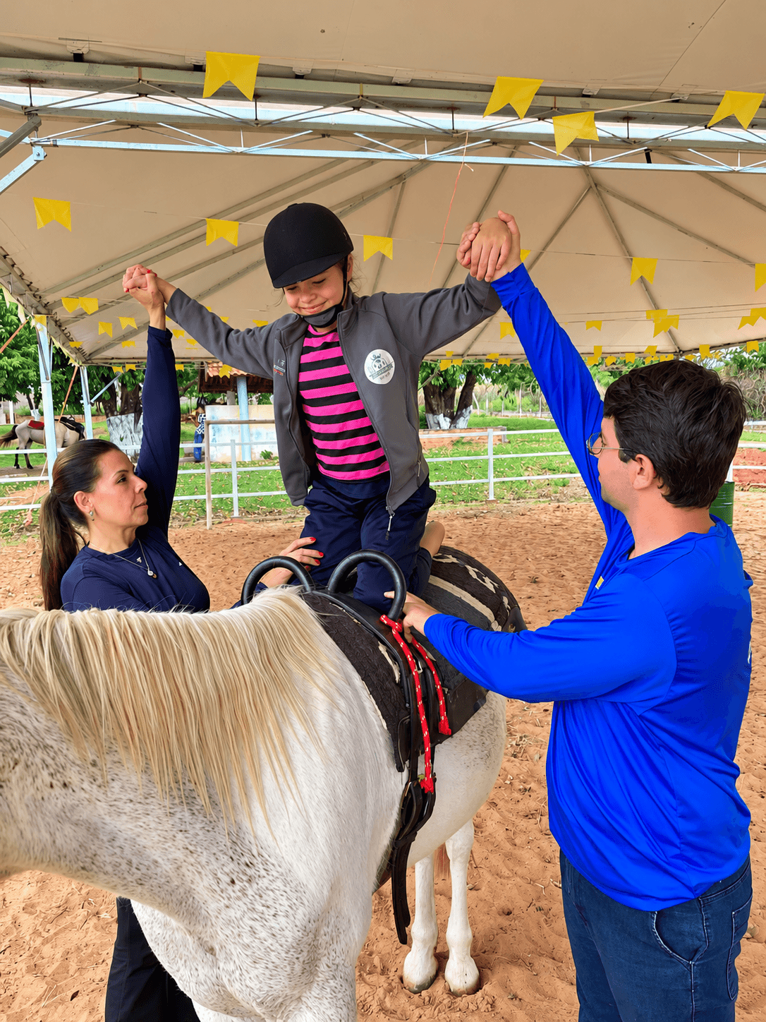Cena ilustrativa de aproximação entre criança e cavalo com acompanhamento